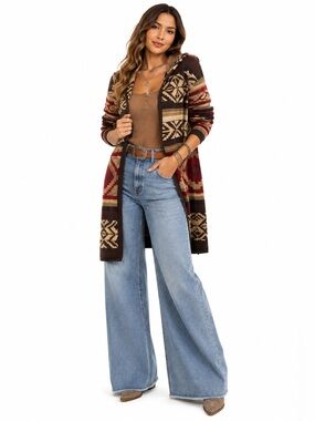 CENY‎ Southwestern Hooded Cardigan 1X Open Front Longline Western Boho USA